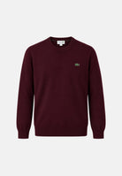 LACOSTE Maglione girocollo Merlot bordeaux da uomo, con maniche lunghe, bordi a costine e coccodrillo sul petto.<BR/> AH3225 3KE LACOSTE 