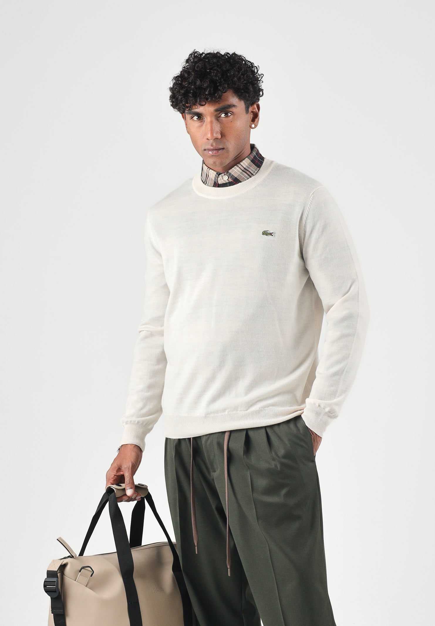 LACOSTE Maglia girocollo beige chiaro da uomo con mini logo iconico AH3225 XFJ LACOSTE 