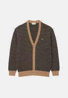 LACOSTE Cardigan a righe marrone cammello e nero da uomo, con scollo a V, bottoni frontali, maniche lunghe e finiture a costine. AH8567 XEI LACOSTE 