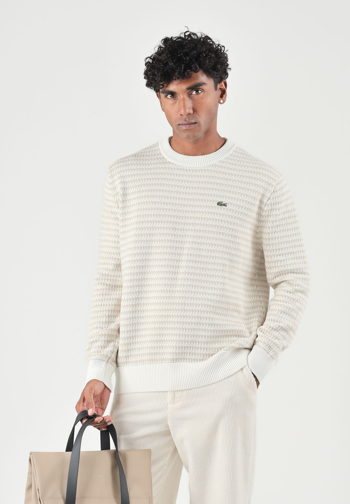 LACOSTE Maglione girocollo STRIPED CREWNECK JUMPER beige per uomo con fantasia a righe sottili AH8569 WL6 LACOSTE 