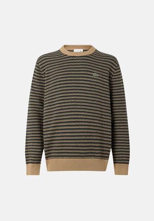 LACOSTE Maglione COTTON STRIPED SWEATER Cookie/Sinople/Dark Navy Blue marrone e blu navy da uomo, a righe con girocollo e coccodrillo ricamato. AH8569 XEI LACOSTE 