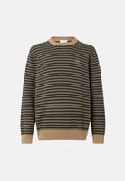 LACOSTE Maglione COTTON STRIPED SWEATER Cookie/Sinople/Dark Navy Blue marrone e blu navy da uomo, a righe con girocollo e coccodrillo ricamato. AH8569 XEI LACOSTE 