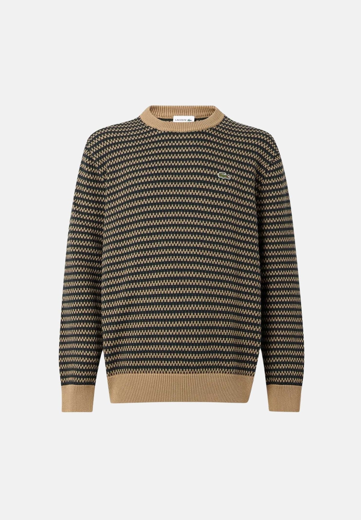 LACOSTE Maglione COTTON STRIPED SWEATER Cookie/Sinople/Dark Navy Blue marrone e blu navy da uomo, a righe con girocollo e coccodrillo ricamato. AH8569 XEI LACOSTE 