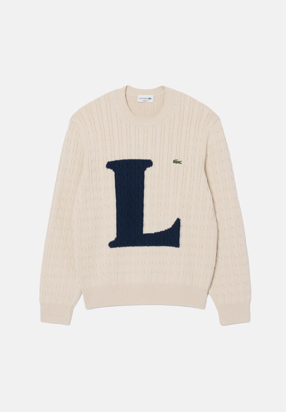 LACOSTE Maglia girocollo CREWNECK LOGO JUMPER panna per uomo  con grande lettera logo frontale. AH8590 UN5 LACOSTE 