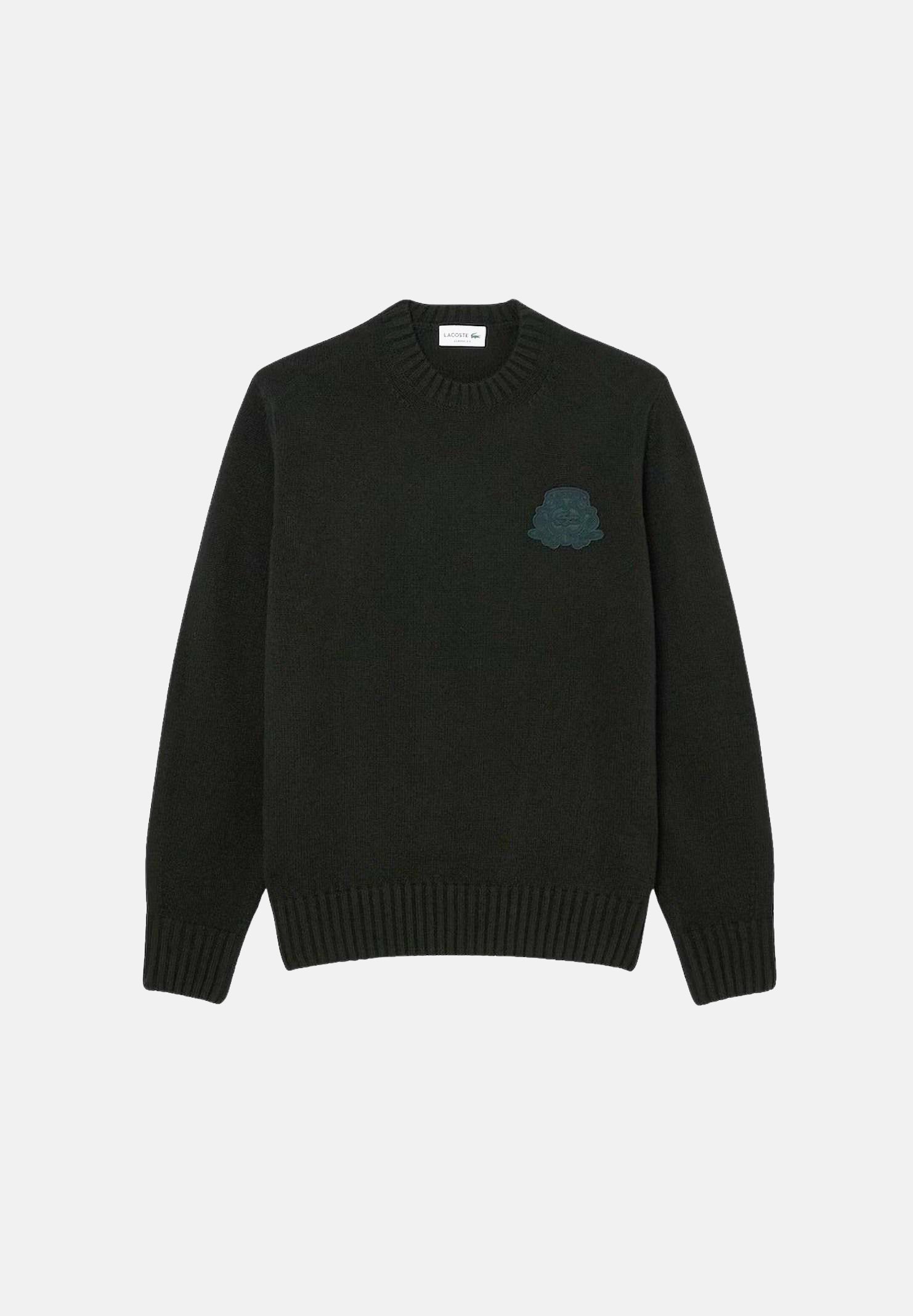 LACOSTE maglia girocollo con STEMMA RICAMATO verde bosco da uomo in pura lana, con logo tono su tono, maniche lunghe e bordi a coste. AH9067 GJP LACOSTE 