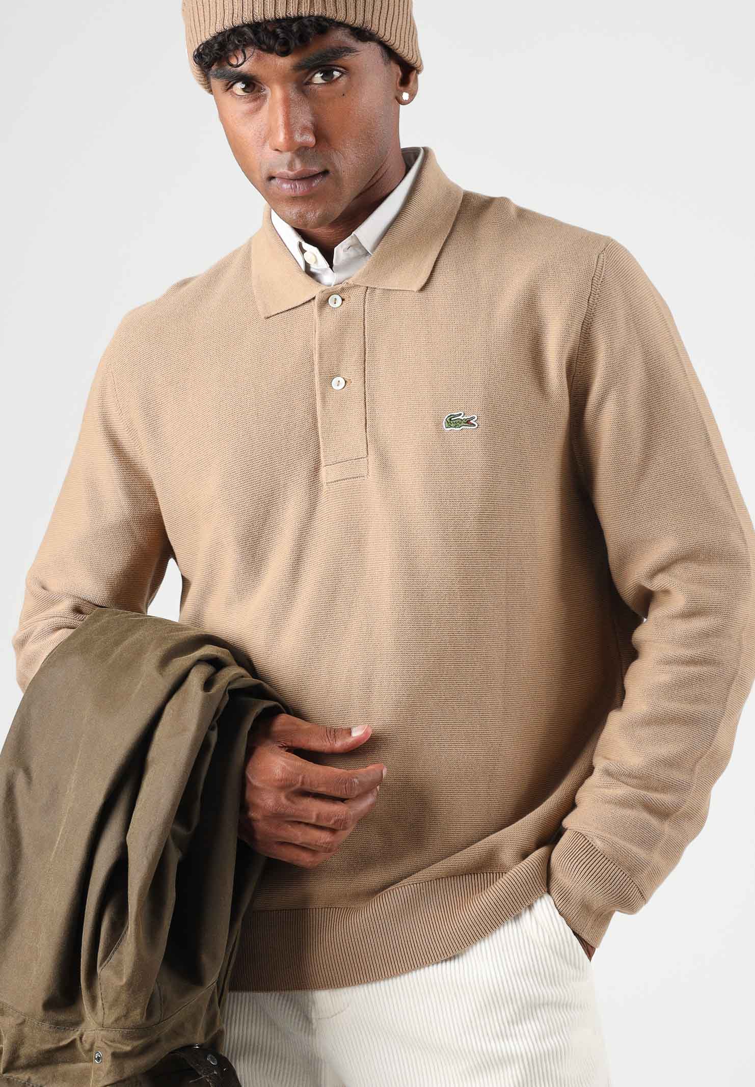 LACOSTE Polo manica lunga nocciola per uomo e donna con colletto classico AH9904 SIX LACOSTE 