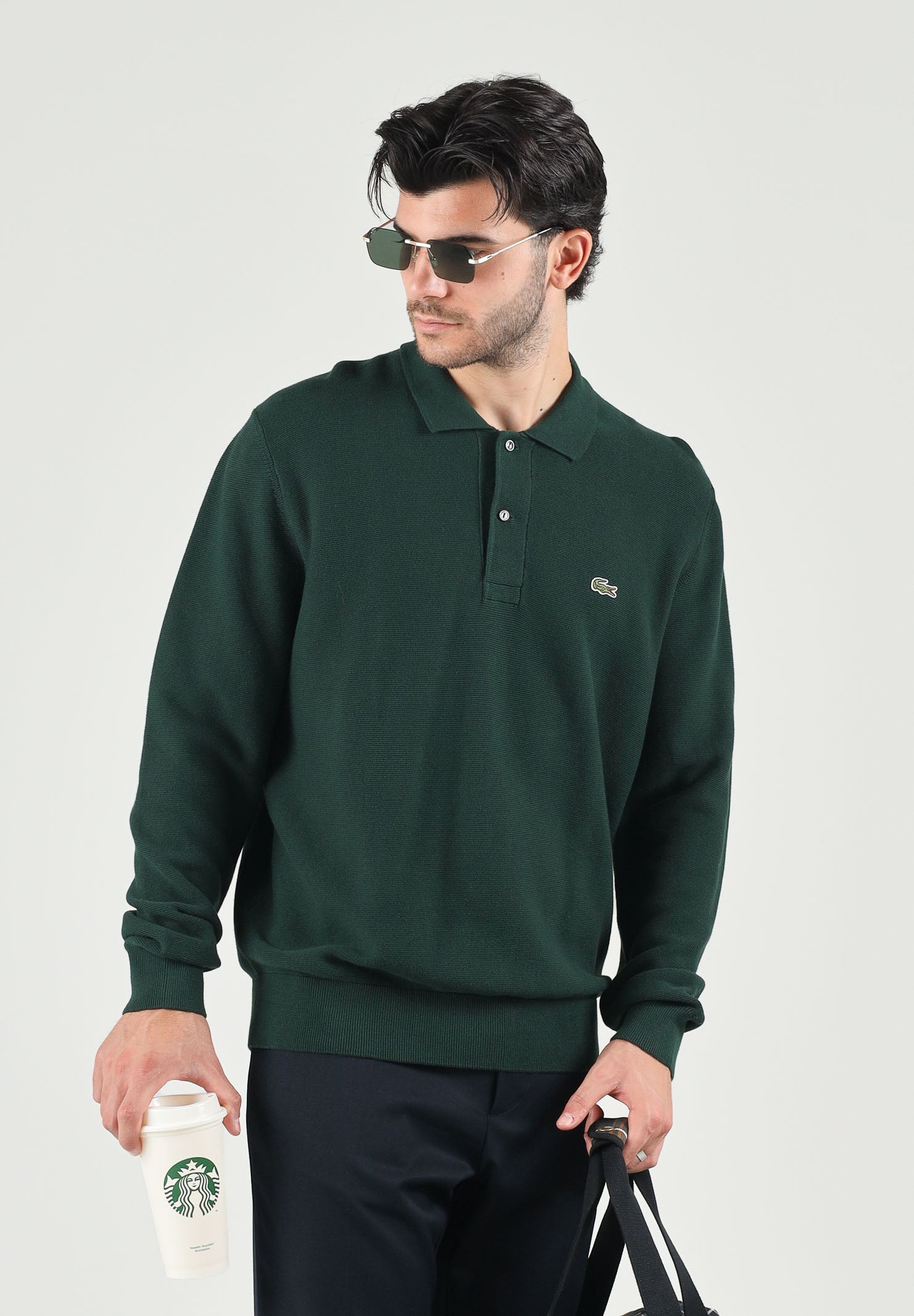 LACOSTE Polo manica lunga verde da uomo con colletto classico AH9904 YZP LACOSTE 