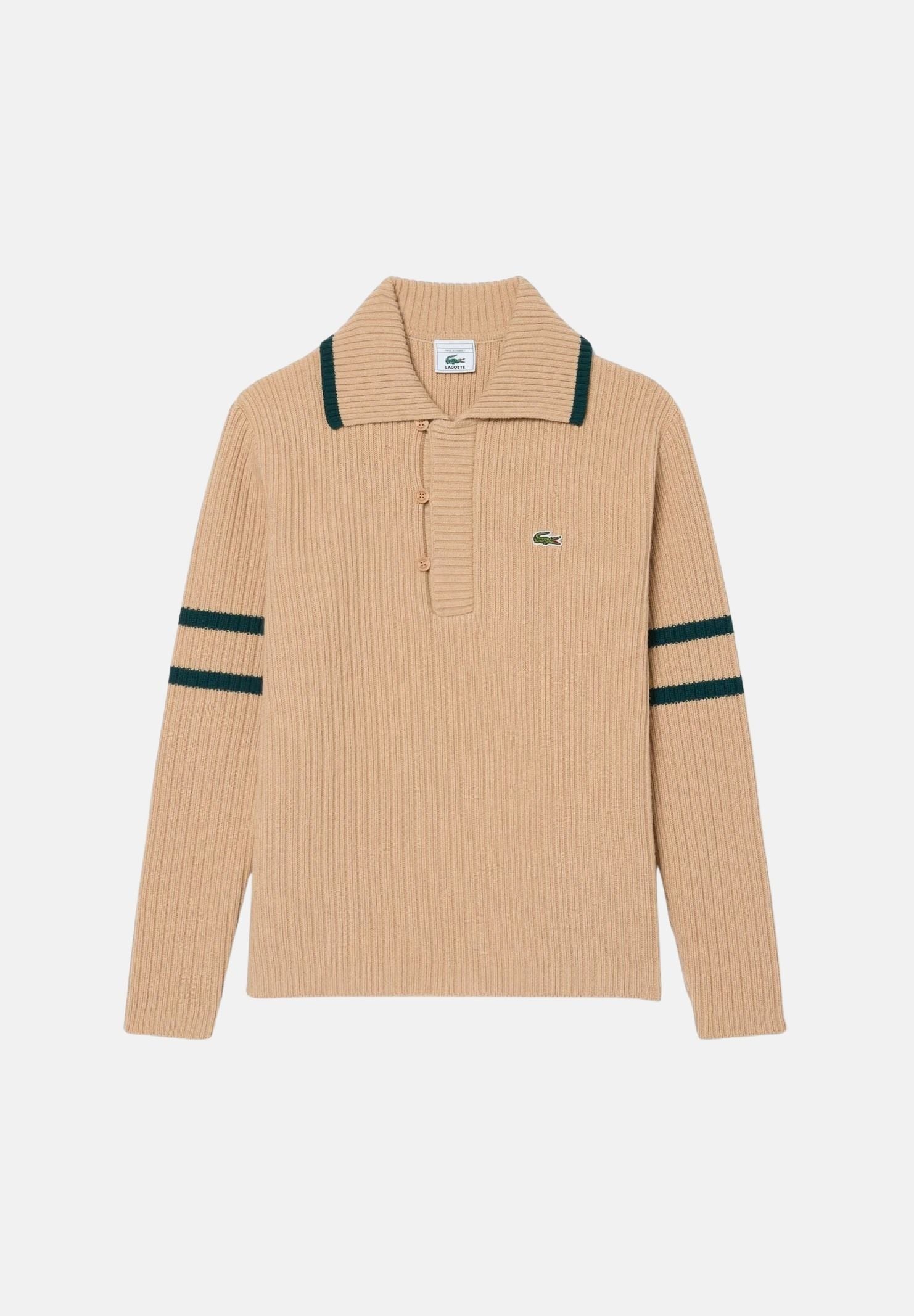 LACOSTE Maglione polo ARCHIVE EDITION  beige e verde da uomo a coste con righe a contrasto e abbottonatura.<BR/> AH9908 WAV LACOSTE 