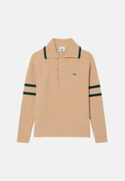 LACOSTE Maglione polo ARCHIVE EDITION  beige e verde da uomo a coste con righe a contrasto e abbottonatura.<BR/> AH9908 WAV LACOSTE 