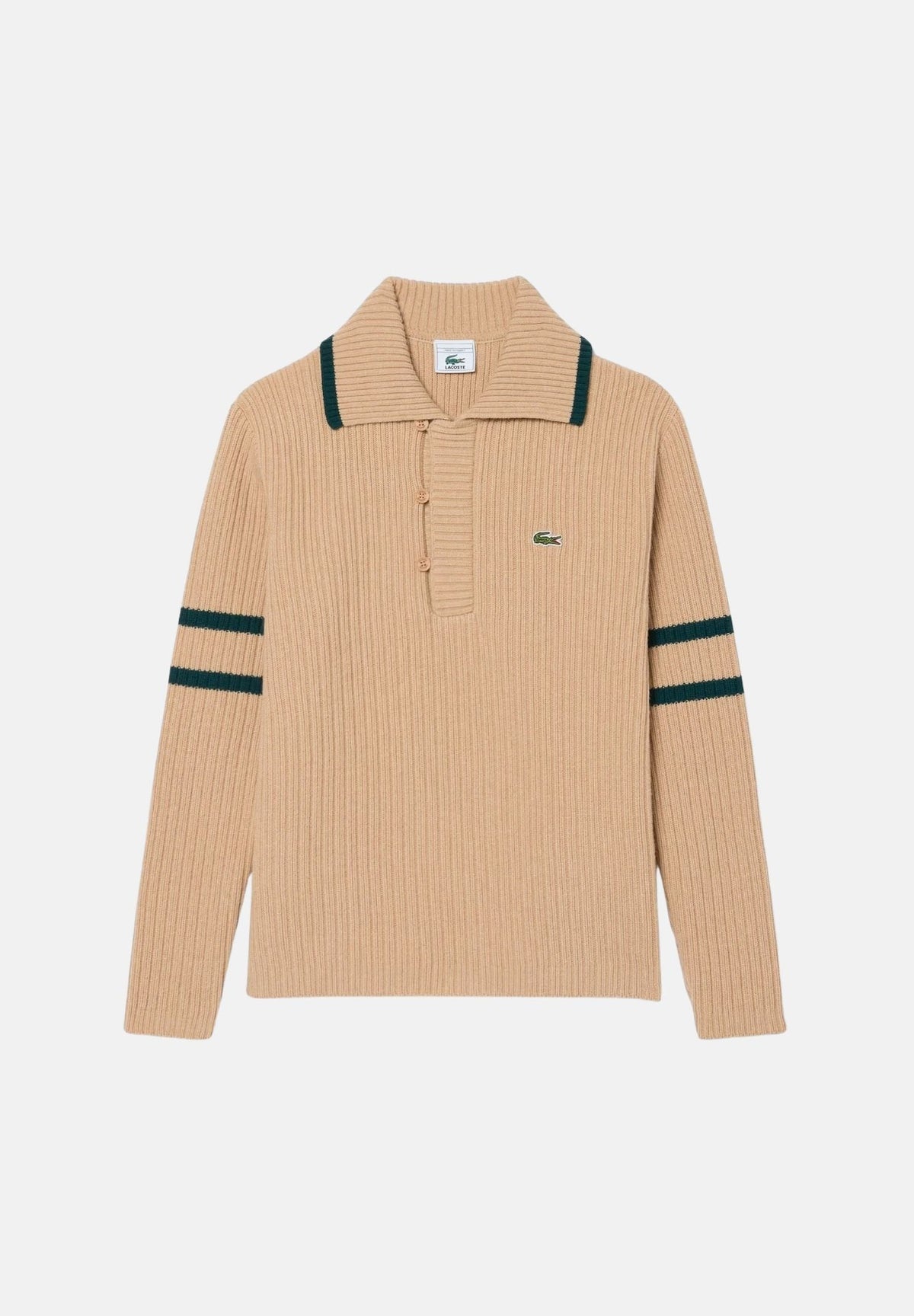 LACOSTE Maglione polo ARCHIVE EDITION  beige e verde da uomo a coste con righe a contrasto e abbottonatura.<BR/> AH9908 WAV LACOSTE 