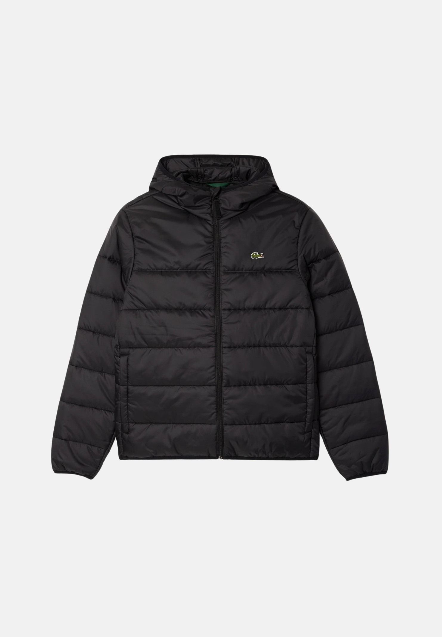 LACOSTE Giubbotto trapuntato  nero da uomo in taffetà idrorepellente, con cappuccio imbottito, zip frontale e tasche con zip.<BR/> BH6763 C31 LACOSTE 