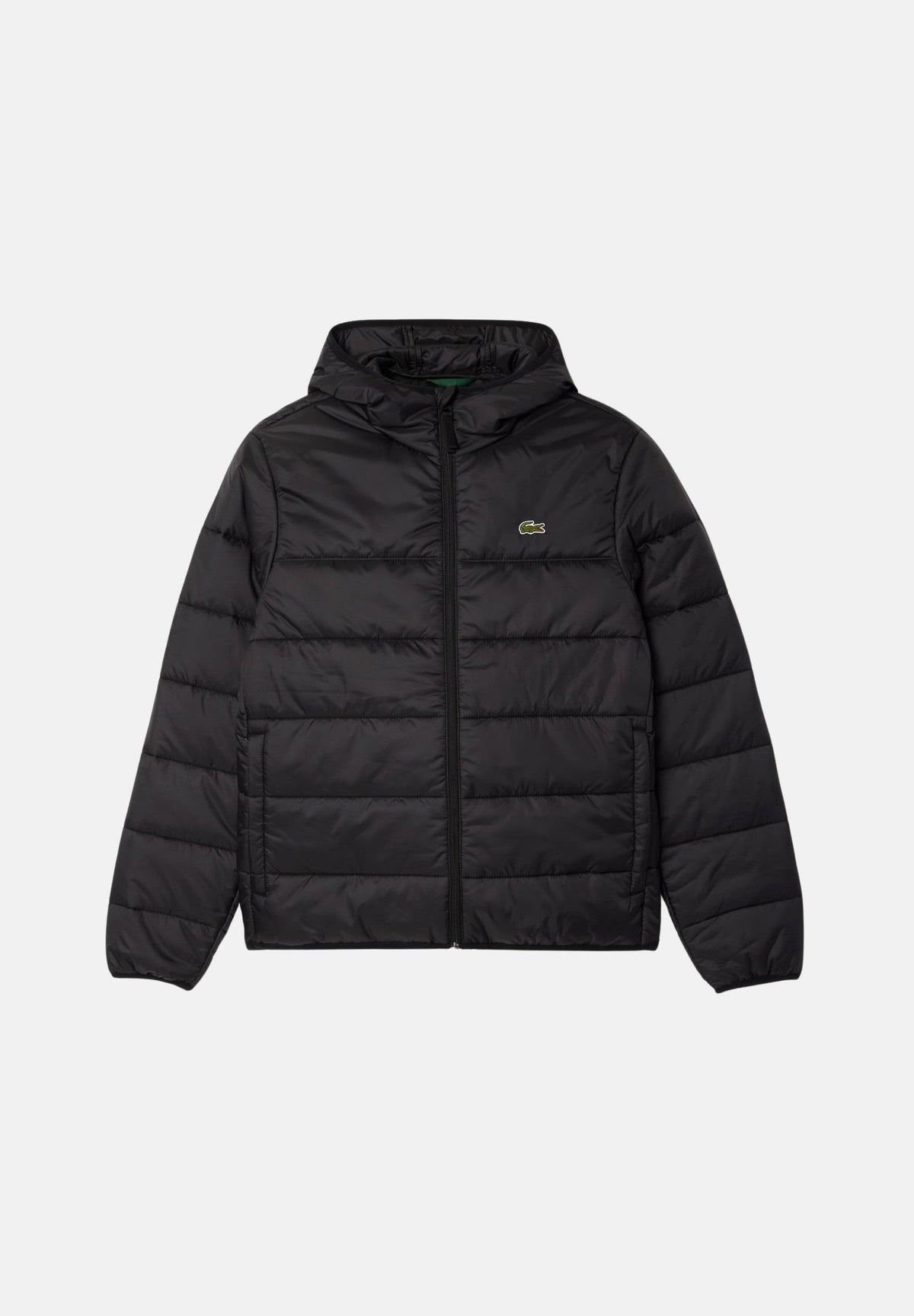 LACOSTE Giubbotto trapuntato  nero da uomo in taffetà idrorepellente, con cappuccio imbottito, zip frontale e tasche con zip.<BR/> BH6763 C31 LACOSTE 