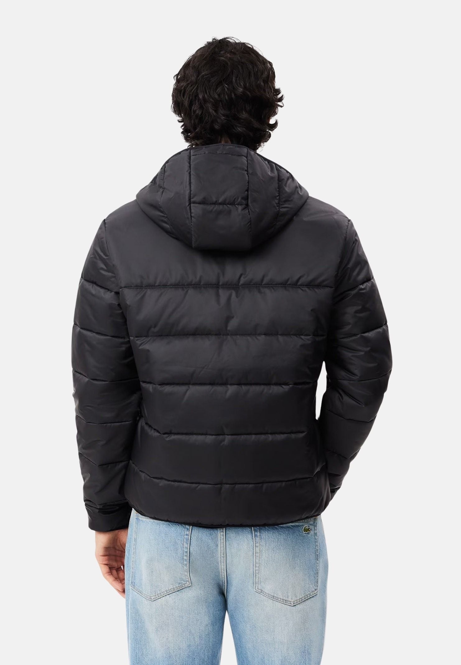 LACOSTE Giubbotto trapuntato  nero da uomo in taffetà idrorepellente, con cappuccio imbottito, zip frontale e tasche con zip.<BR/> BH6763 C31 LACOSTE 