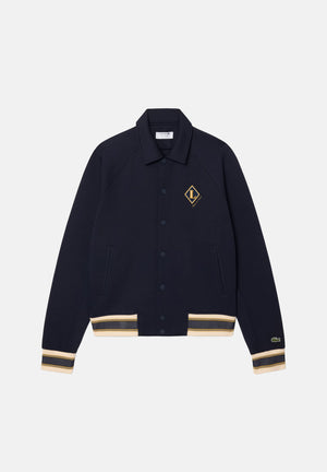 LACOSTE Bomber WOOL BLEND  blu d uomo con colletto camicia, bottoni automatici e dettagli a righe BH8614 MXQ LACOSTE 