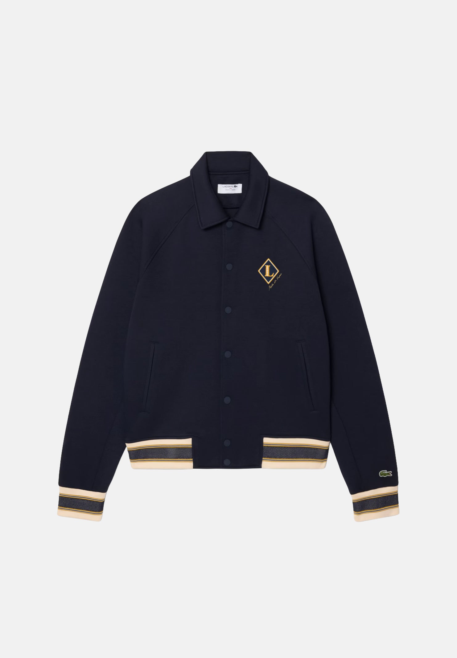 LACOSTE Bomber WOOL BLEND  blu d uomo con colletto camicia, bottoni automatici e dettagli a righe BH8614 MXQ LACOSTE 