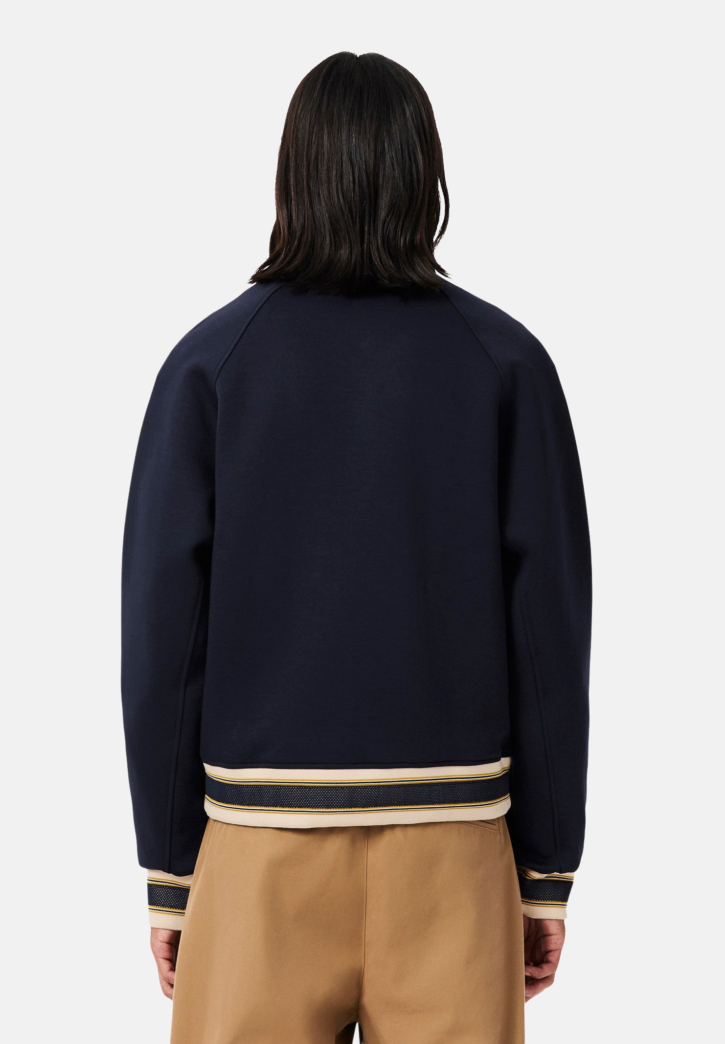 LACOSTE Bomber WOOL BLEND  blu d uomo con colletto camicia, bottoni automatici e dettagli a righe BH8614 MXQ LACOSTE 