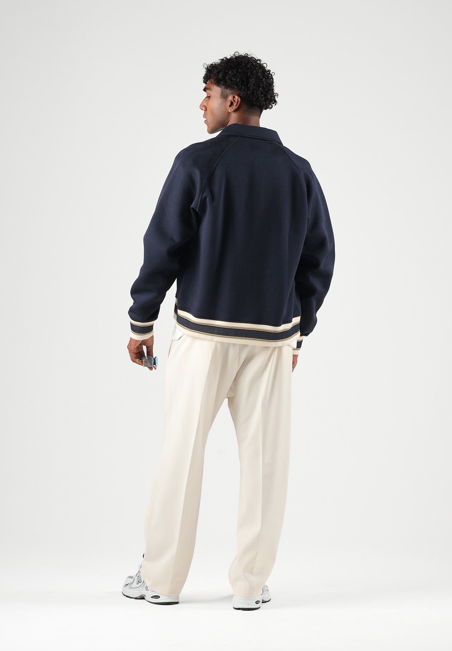 LACOSTE Bomber WOOL BLEND  blu da uomo con colletto camicia, bottoni automatici e dettagli a righe BH8614 MXQ LACOSTE 
