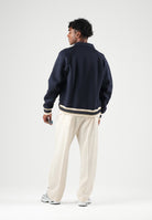 LACOSTE Bomber WOOL BLEND  blu da uomo con colletto camicia, bottoni automatici e dettagli a righe BH8614 MXQ LACOSTE 