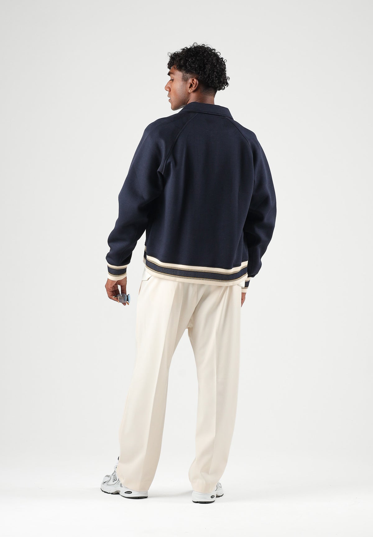 LACOSTE Bomber WOOL BLEND  blu da uomo con colletto camicia, bottoni automatici e dettagli a righe BH8614 MXQ LACOSTE 