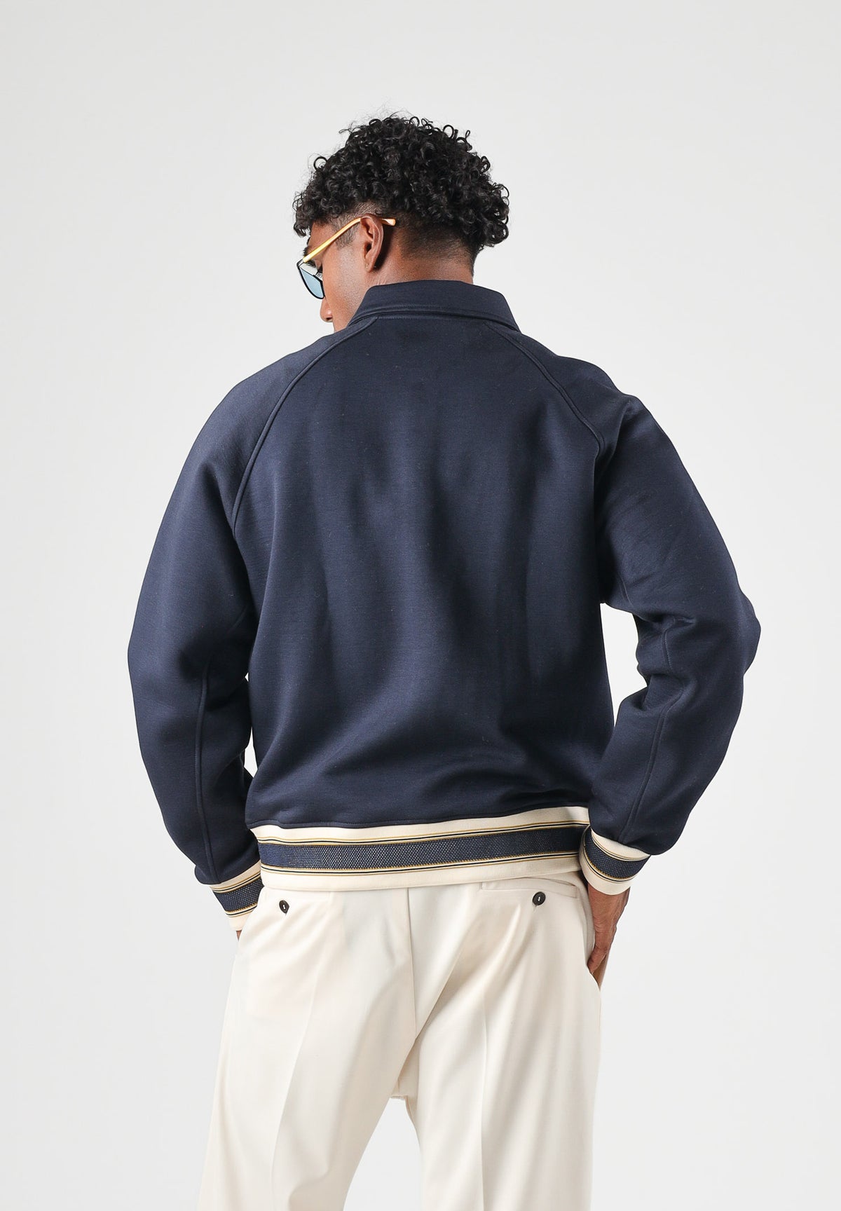 LACOSTE Bomber WOOL BLEND  blu da uomo con colletto camicia, bottoni automatici e dettagli a righe BH8614 MXQ LACOSTE 