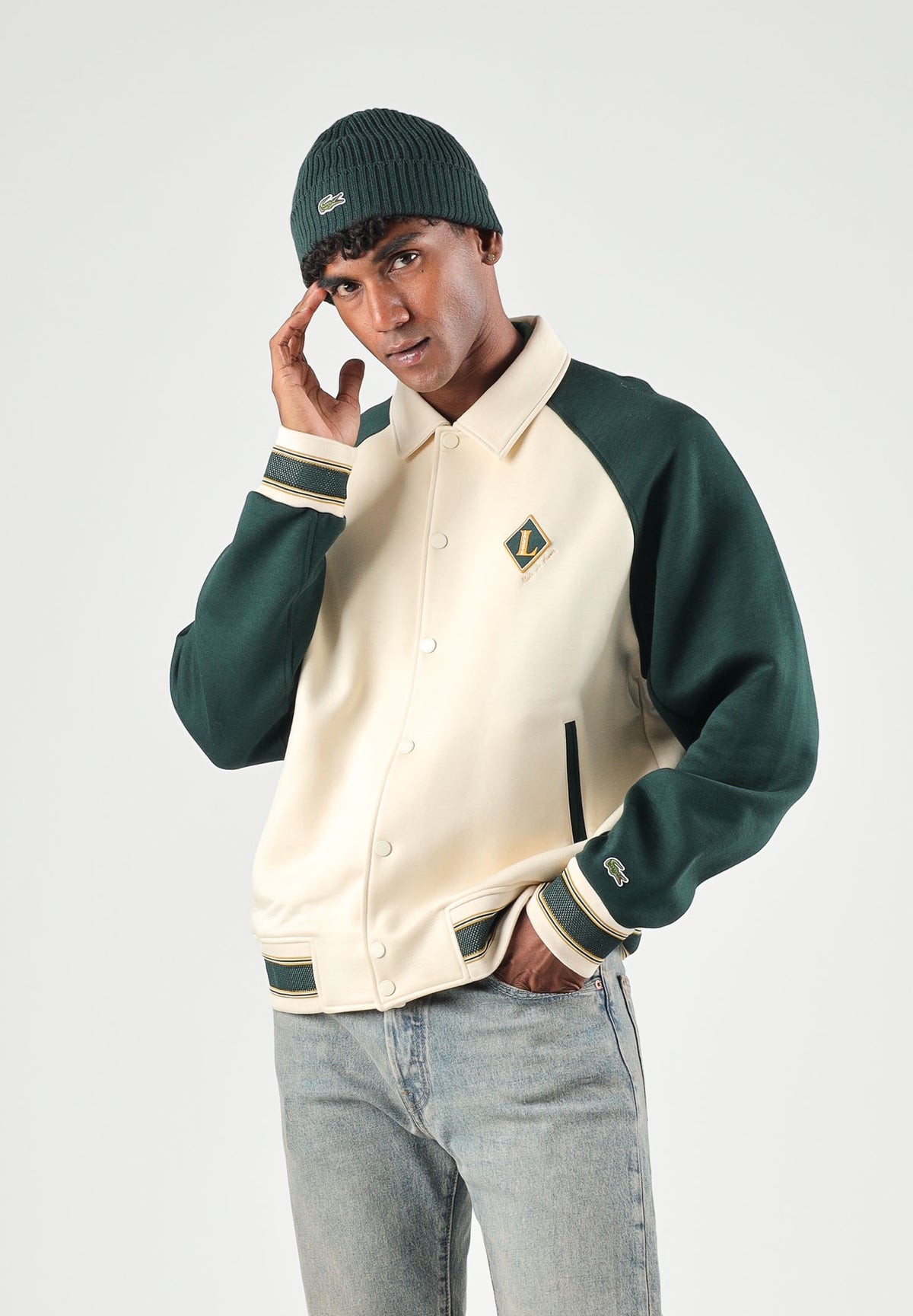 LACOSTE Felpa colletto polo WOOL BLEND  panna da uomo con bottoni automatici e dettagli a righe BH8614 ZDL LACOSTE 