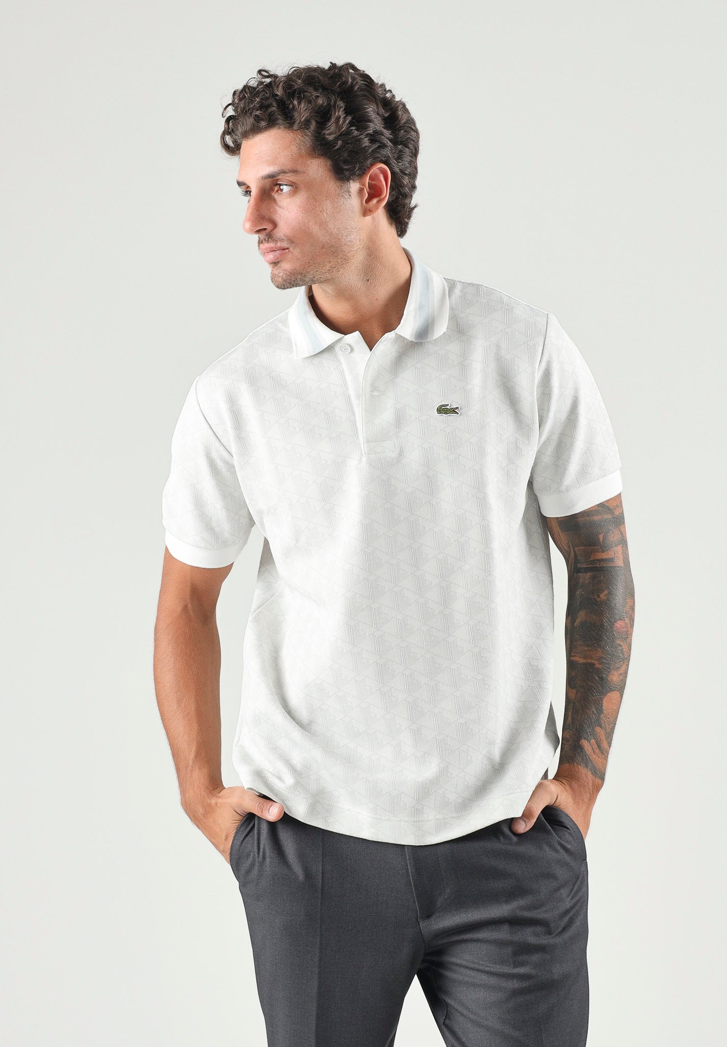 LACOSTE Polo jacquard grigio/bianco da uomo con motivo monogramma DH1417 4IW LACOSTE 