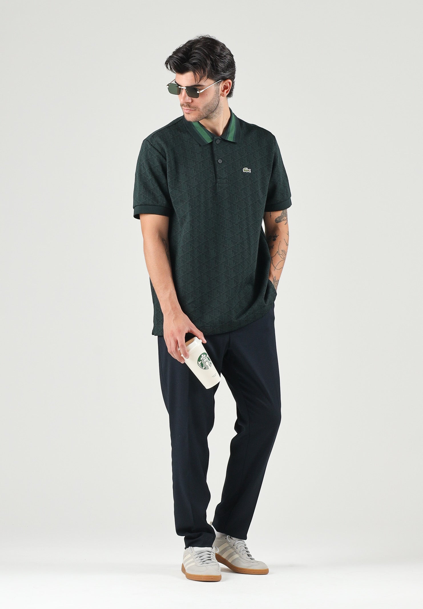 LACOSTE Polo blu da uomo con colletto a contrasto verde a righe DH1417 SPU LACOSTE 