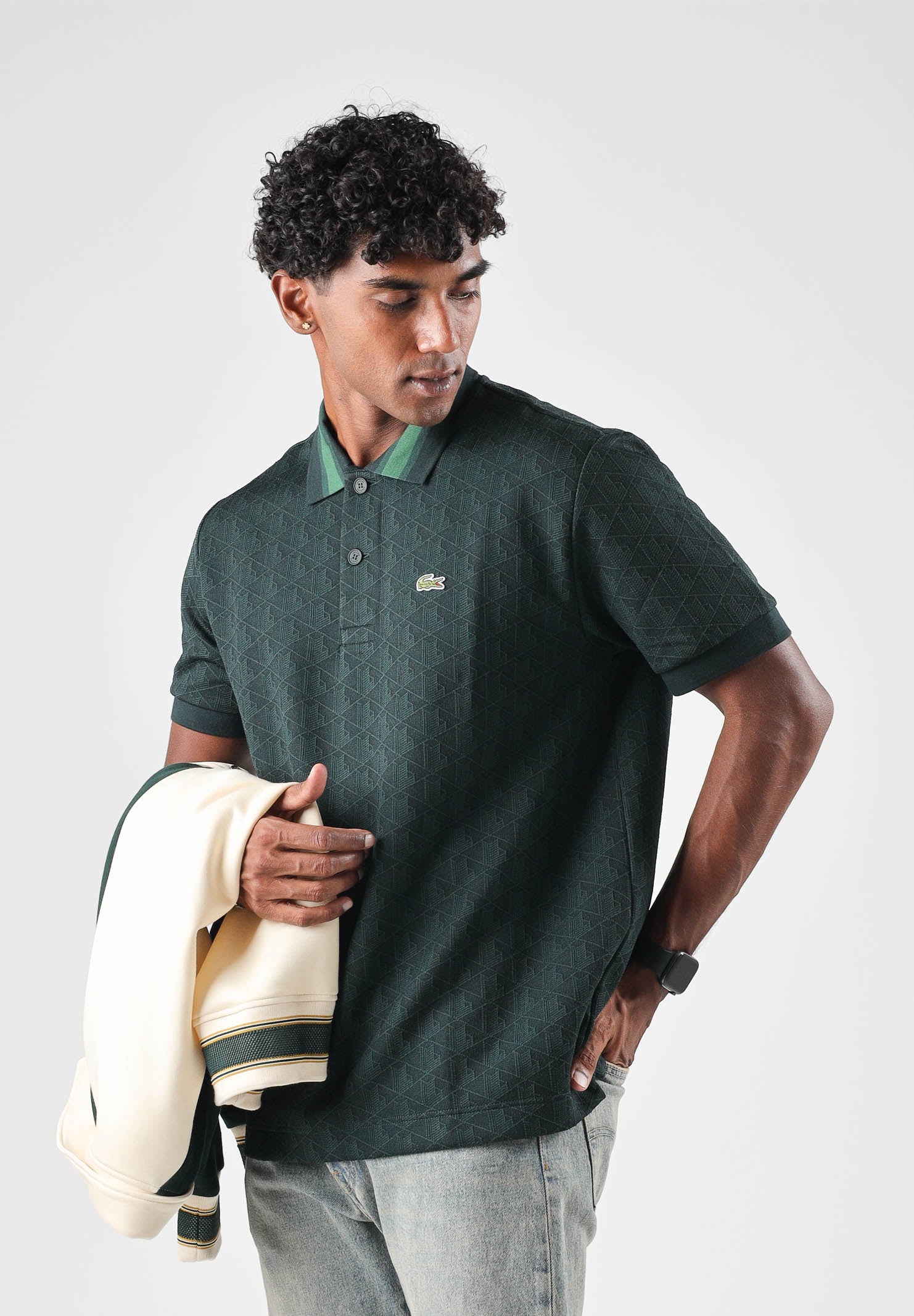 LACOSTE Polo manica corta verde da uomo con colletto a contrasto a righe DH1417 SPU LACOSTE 