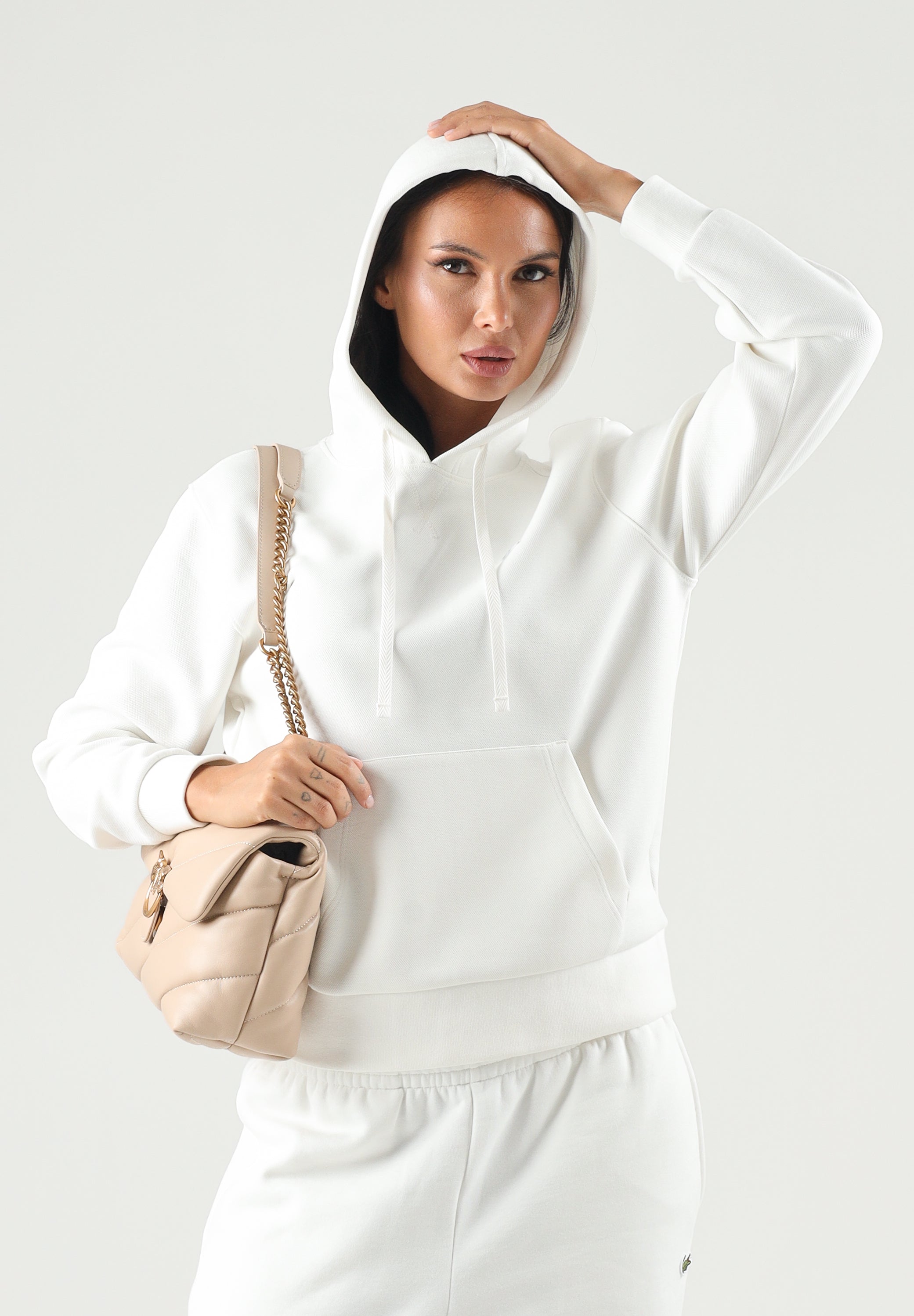 LACOSTE Felpa con cappuccio Piqué Hoodie, bianca, per uomo e donna con coccodrillo ricamato sul petto.<BR/> SF5259 70V LACOSTE 
