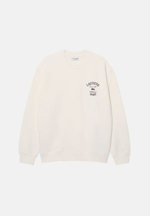 LACOSTE Felpa girocollo LACOSTE PARIS White bianca da uomo, con ricamo sul petto e finiture a costine.<BR/> SH9785 70V LACOSTE 