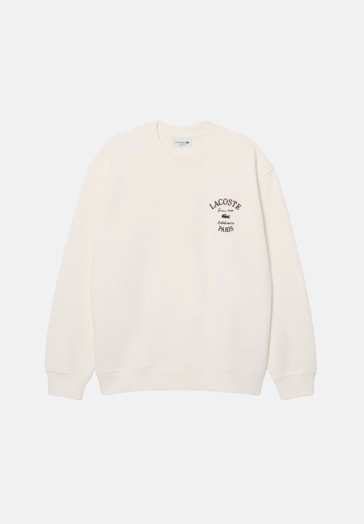 LACOSTE Felpa girocollo LACOSTE PARIS White bianca da uomo, con ricamo sul petto e finiture a costine.<BR/> SH9785 70V LACOSTE 