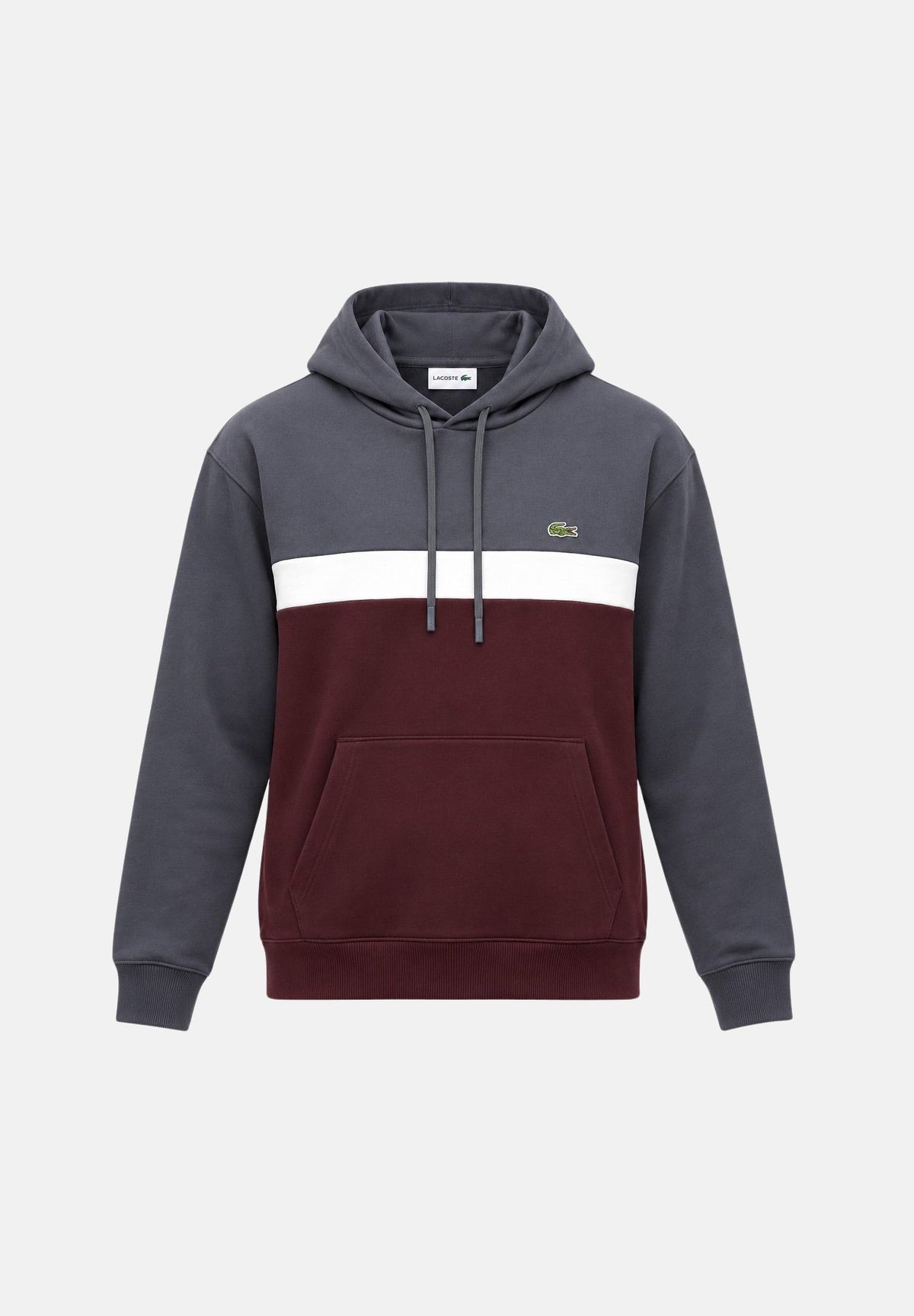 LACOSTE Felpa COLOR-BLOCK grigio scuro, bianco e marrone da uomo, con cappuccio, tasca a marsupio e coccodrillo ricamato.<BR/> SH9798 WMK LACOSTE 