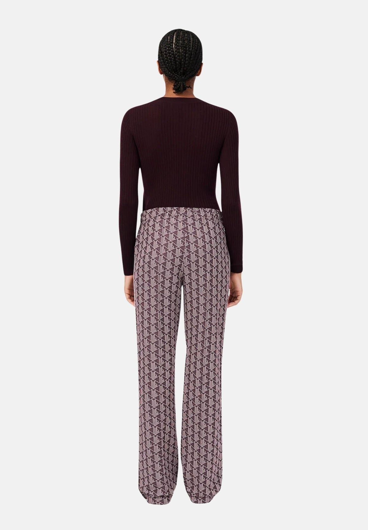LACOSTE Pantaloni MONOGRAMMA marrone e rosa da donna, con fantasia jacquard all-over e bande laterali a contrasto.<BR/> XF9313 WE2 LACOSTE 