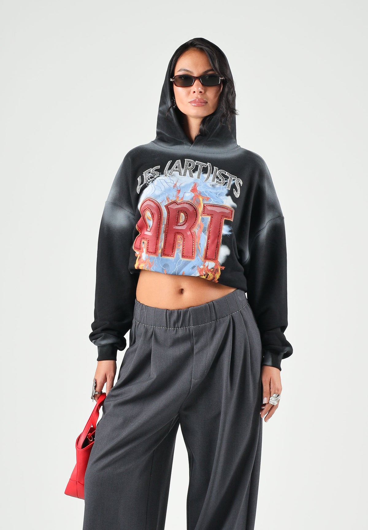 LES ARTISTS Felpa con cappuccio Hoodie Crop Top nera per uomo e donna con stampa grafica artistica sul davanti 27SSLAHD5046 121 LES ARTISTS 