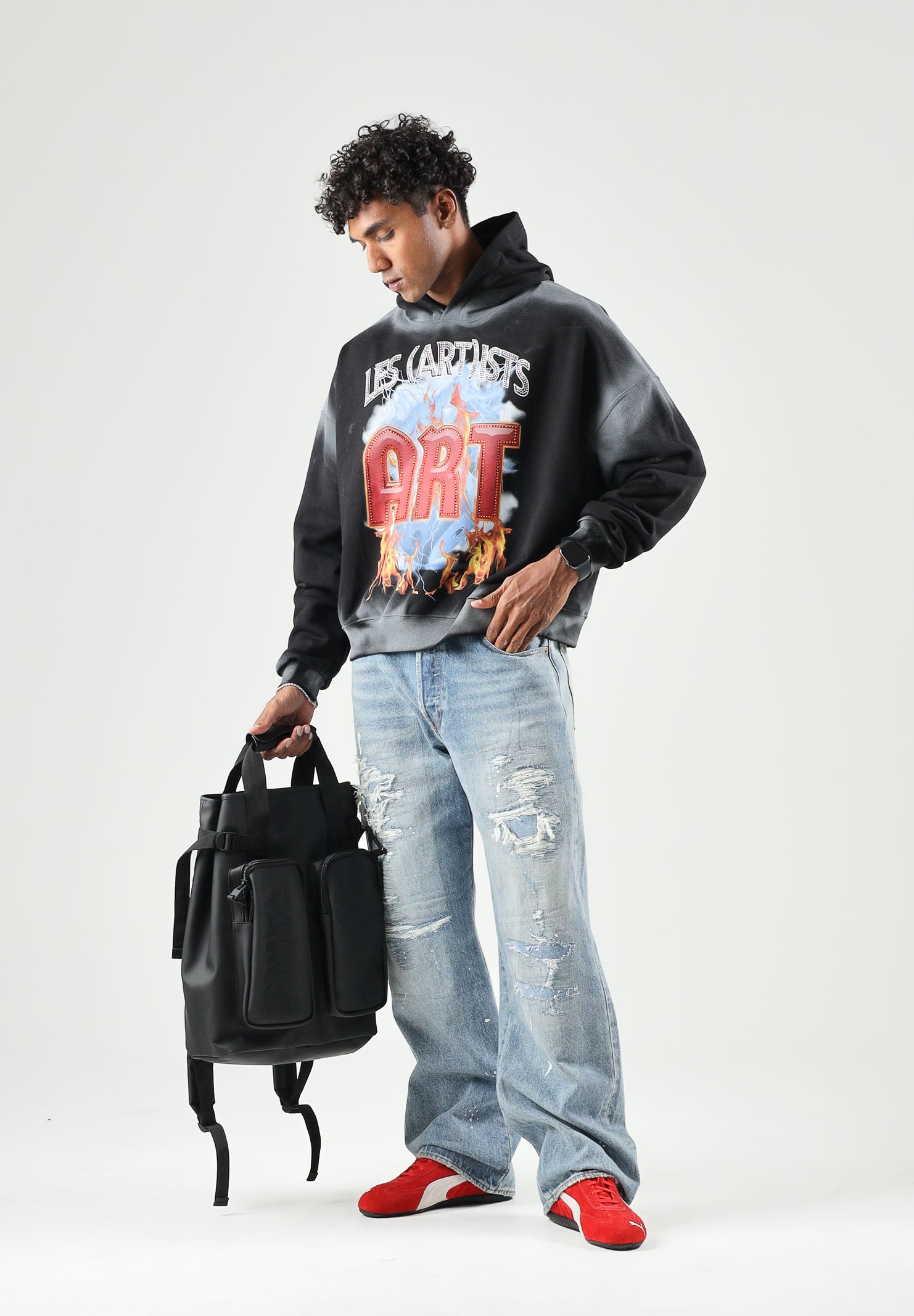 LES ARTISTS Felpa con cappuccio Hoodie Crop Top nera per uomo e donna con stampa grafica artistica sul davanti 27SSLAHD5046 121 LES ARTISTS 