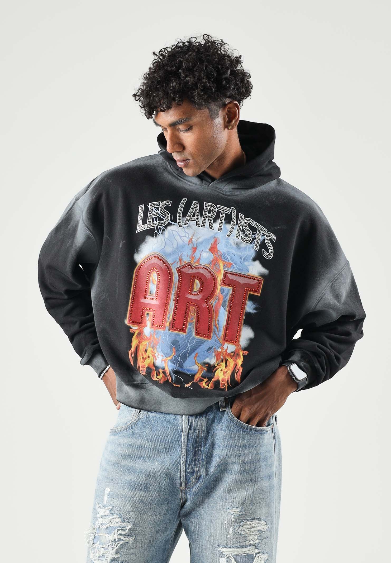 LES ARTISTS Felpa con cappuccio Hoodie Crop Top nera per uomo e donna con stampa grafica artistica sul davanti 27SSLAHD5046 121 LES ARTISTS 