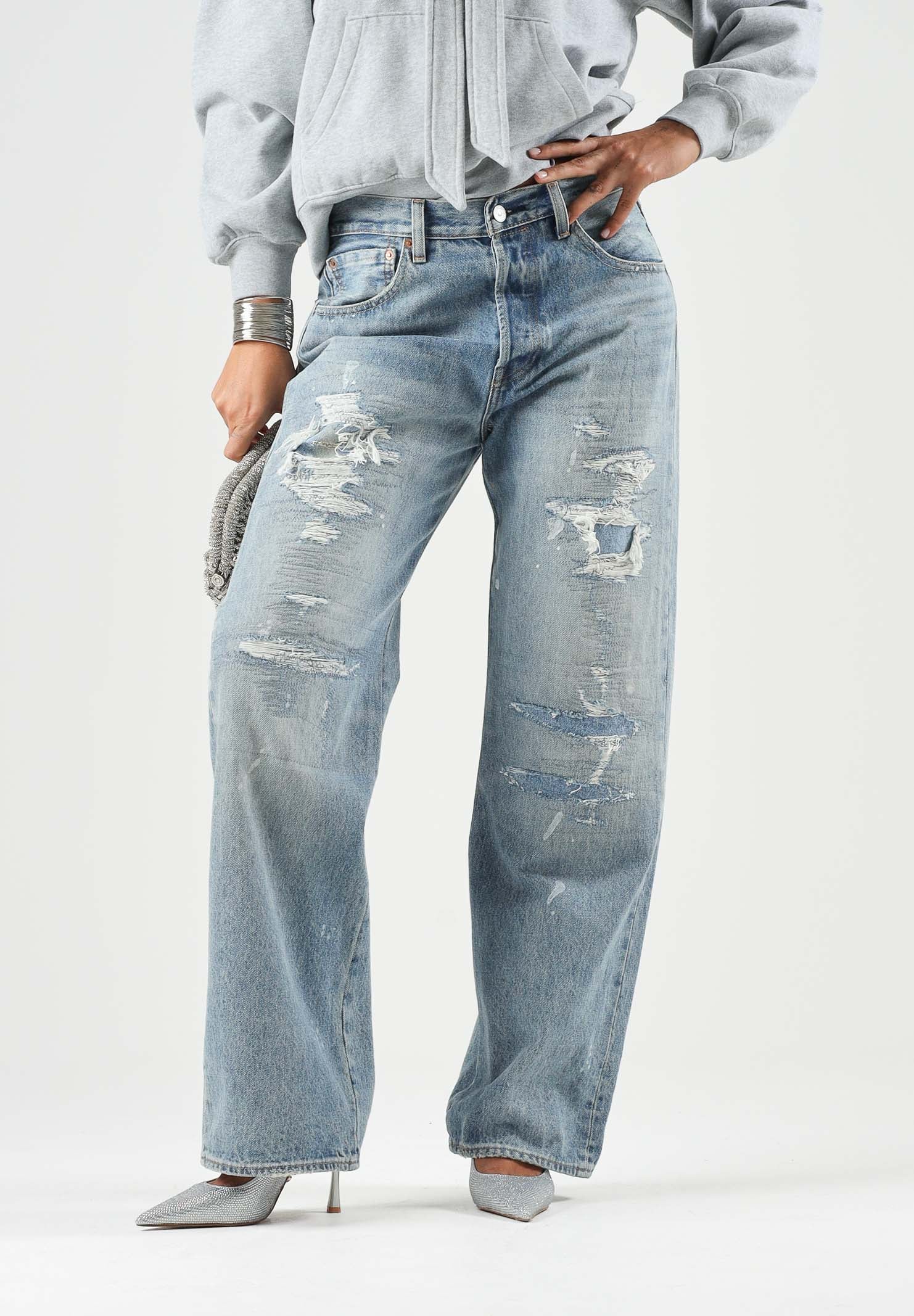 LEVI'S® Jeans 501® '90S SHORT CUT  med indigo denim per uomo e donna con dettagli strappati e lavaggio sfumato 0057U-0020 . LEVI'S® 