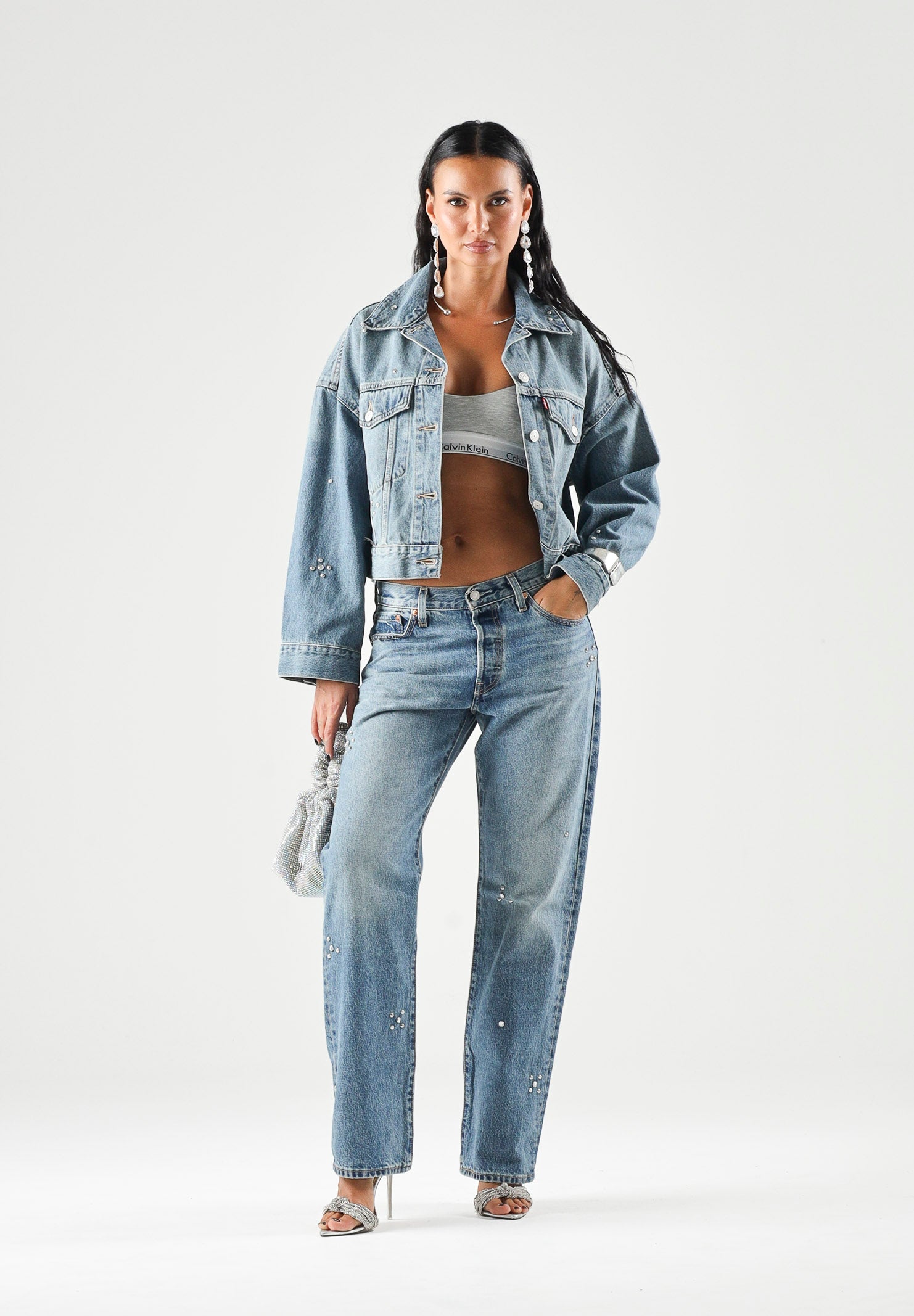 LEVI'S Giacca STRASS SILVER STUDS CROPPED indigo blu da donna con applicazioni decorative 0089L-0003 . LEVI'S® 