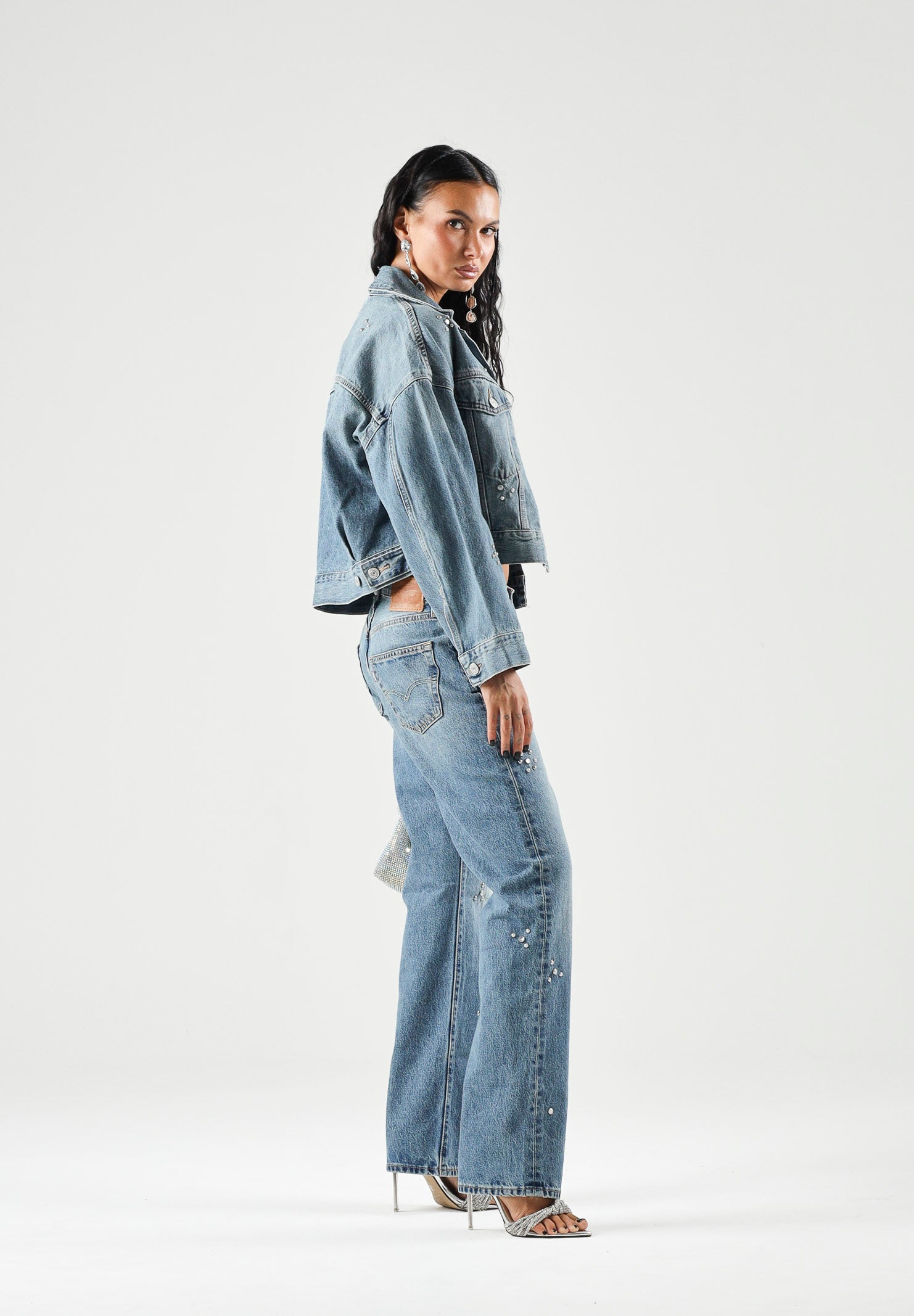 LEVI'S Giacca STRASS SILVER STUDS CROPPED indigo blu da donna con applicazioni decorative 0089L-0003 . LEVI'S® 