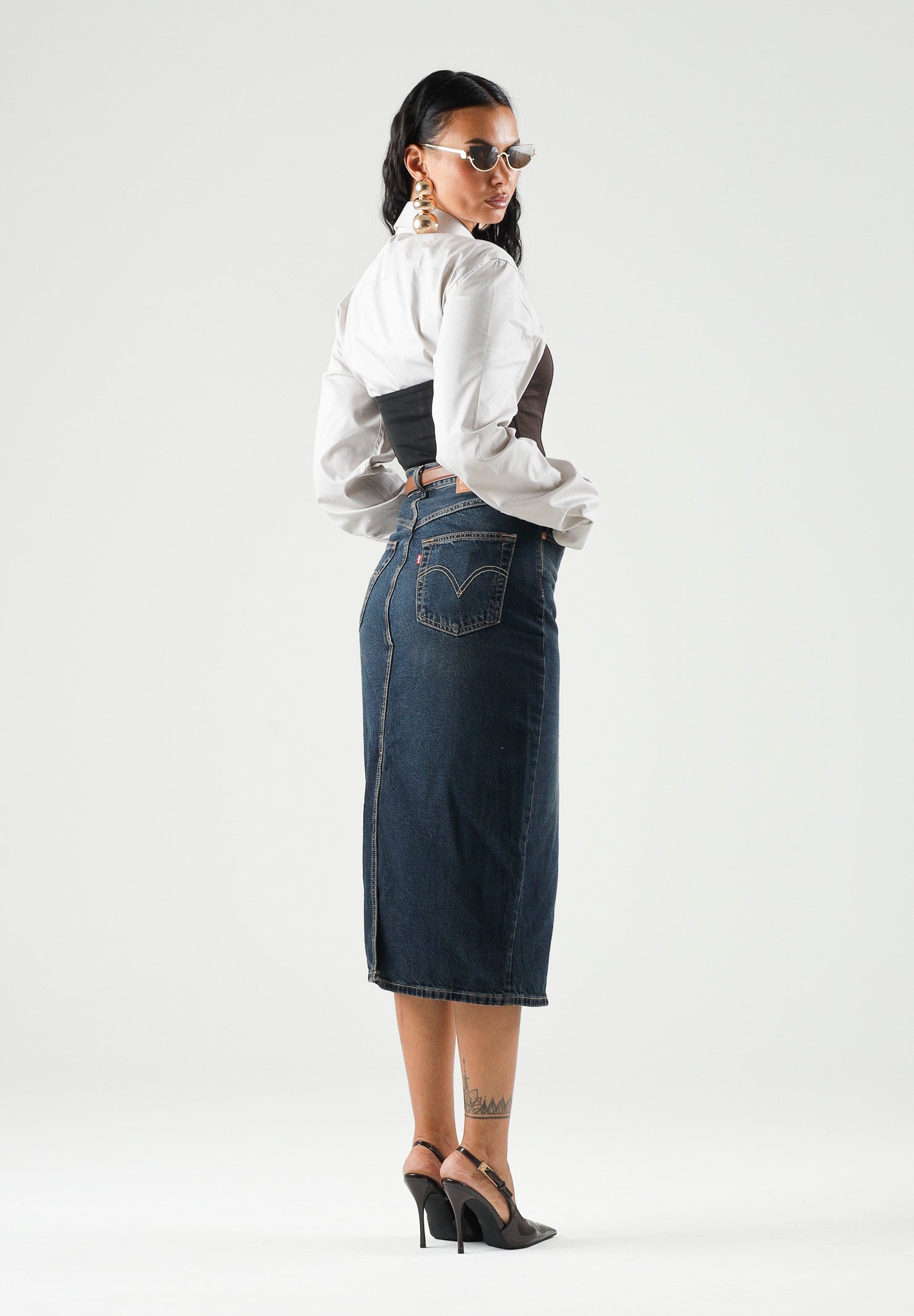 LEVI'S Gonna DECON SLIT MIDI SKIRT Dark Indigo blu da donna con spacco frontale decostruito. 008AF-0001 . LEVI'S® 