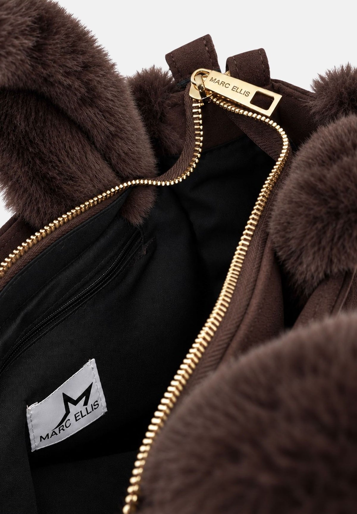 MARC ELLIS Borsa a mano BUBY CARACAL marrone cioccolato per donna con soffici profili in ecopelliccia e tracolla logata coordinata BUBY-CARACAL-M CH MARC ELLIS 