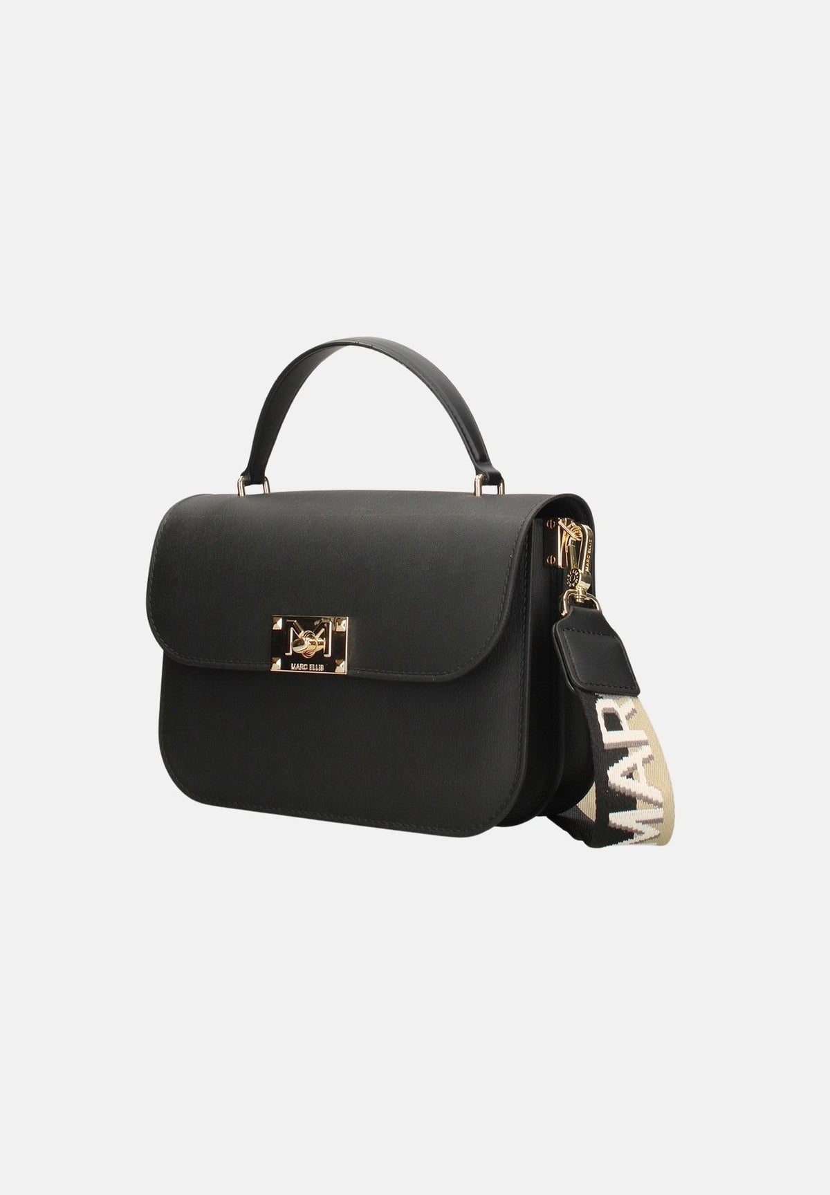 MARC ELLIS Borsa a mano FLAT EAR M nera per donna con patta frontale, logo metallico e dettagli oro chiaro. FLAT-EAR-M BLLIGO MARC ELLIS 