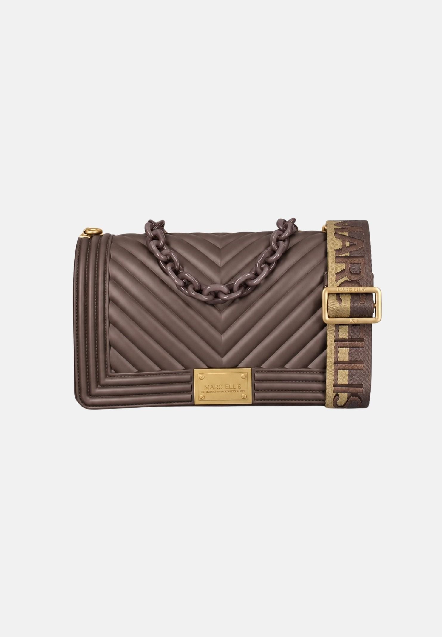 MARC ELLIS Borsa a tracolla FLAT M marrone cioccolato da donna con lavorazione chevron e dettagli metallici dorati. FLAT-M-27 CHMAGO MARC ELLIS 