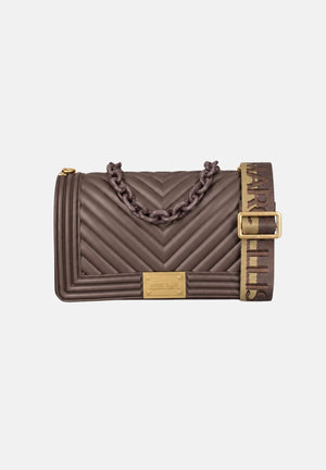 MARC ELLIS Borsa a tracolla FLAT M marrone cioccolato da donna con lavorazione chevron e dettagli metallici dorati. FLAT-M-27 CHMAGO MARC ELLIS 
