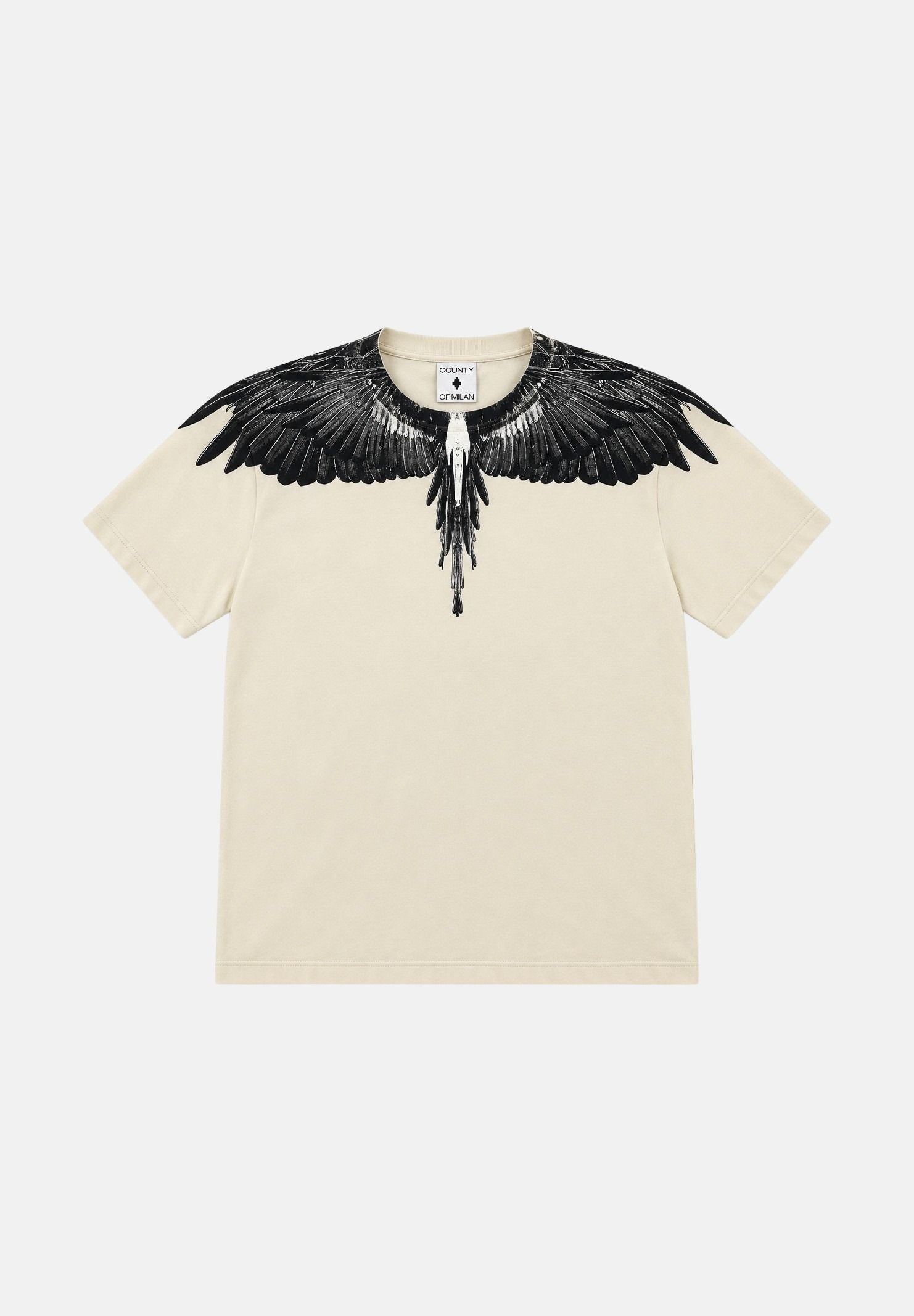 MARCELO BURLON COUNTY OF MILAN T-shirt WINGS color latte e nera per donna con iconica stampa ali su collo e spalle. 26ICM30200 LA MARCELO BURLON COUNTY OF MILAN 