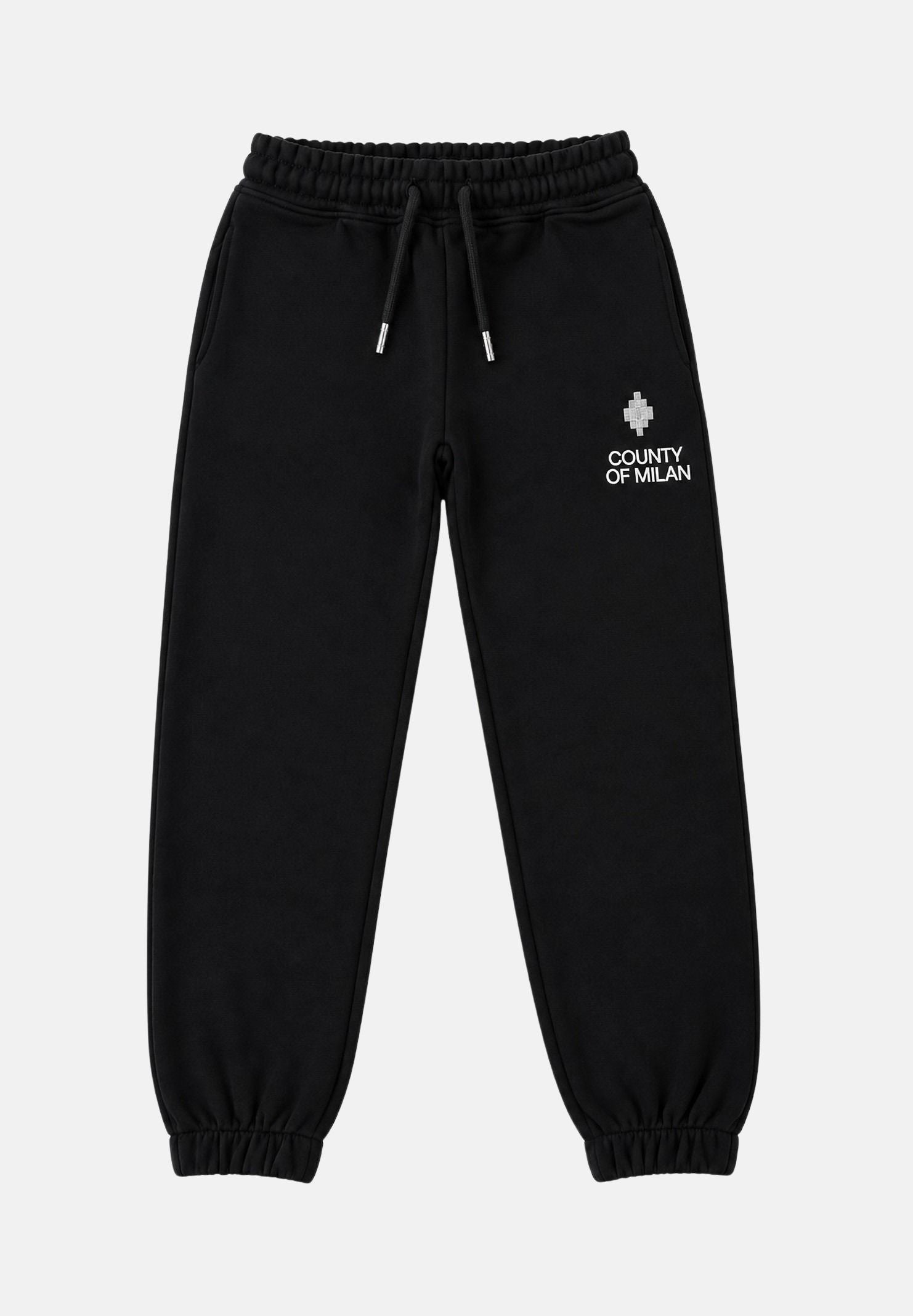 MARCELO BURLON COUNTY OF MILAN Pantaloni jogger neri da bambino e bambina con coulisse regolabile e logo frontale. F6CMJBFP051J 110 MARCELO BURLON COUNTY OF MILAN 