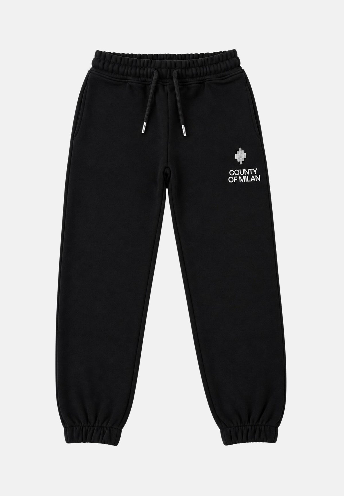 MARCELO BURLON COUNTY OF MILAN Pantaloni jogger neri da bambino e bambina con coulisse regolabile e logo frontale. F6CMJBFP051J 110 MARCELO BURLON COUNTY OF MILAN 