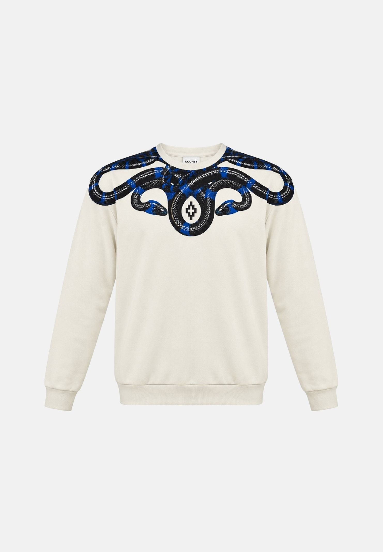 MARCELO BURLON Felpa girocollo bianca per uomo con iconica grafica geometrica ad ali di serpente blu sulle spalle. F6CMMASW115 412 MARCELO BURLON COUNTY OF MILAN 