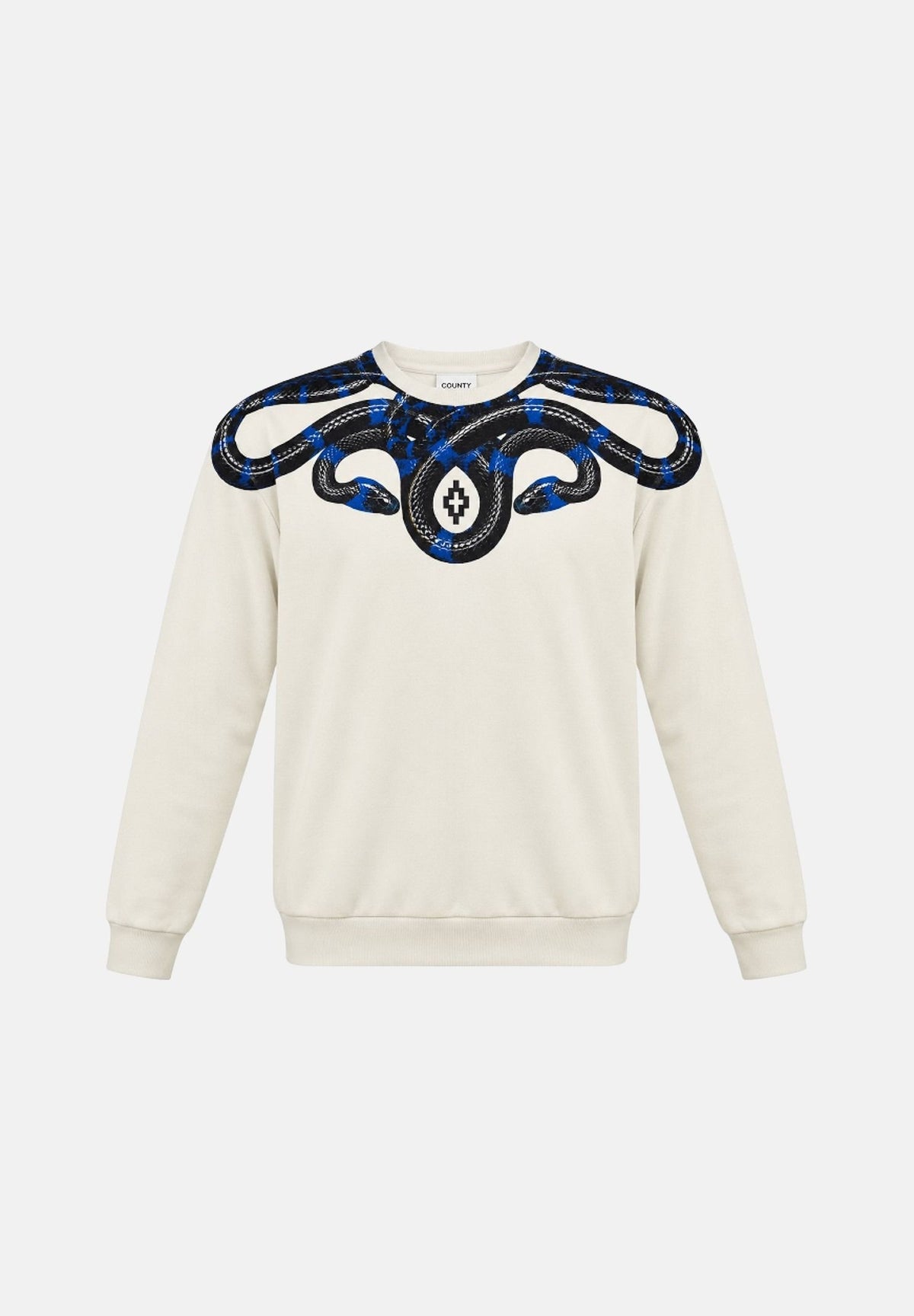 MARCELO BURLON Felpa girocollo bianca per uomo con iconica grafica geometrica ad ali di serpente blu sulle spalle. F6CMMASW115 412 MARCELO BURLON COUNTY OF MILAN 