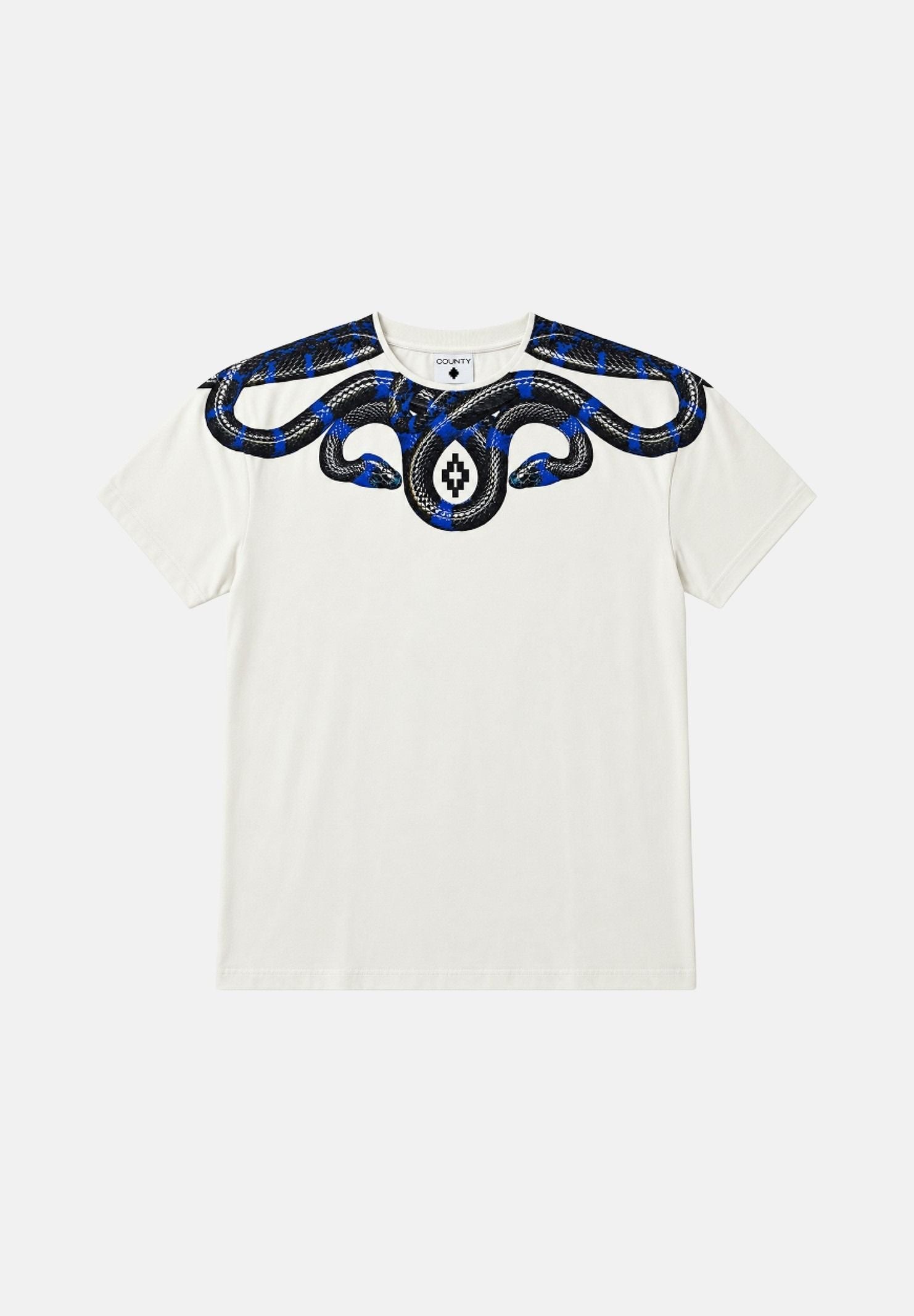 MARCELO BURLON T-shirt manica corta bianca per uomo con girocollo e iconica stampa grafica ad ali di serpente blu sulle spalle. F6CMMATH090 412 MARCELO BURLON COUNTY OF MILAN 